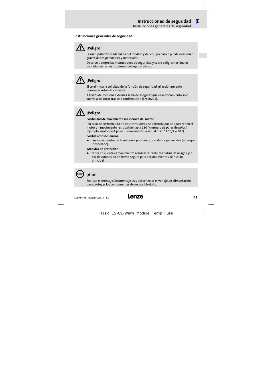 Instrucciones generales de seguridad | Lenze E94AYAB − SM100 User Manual | Page 47 / 68