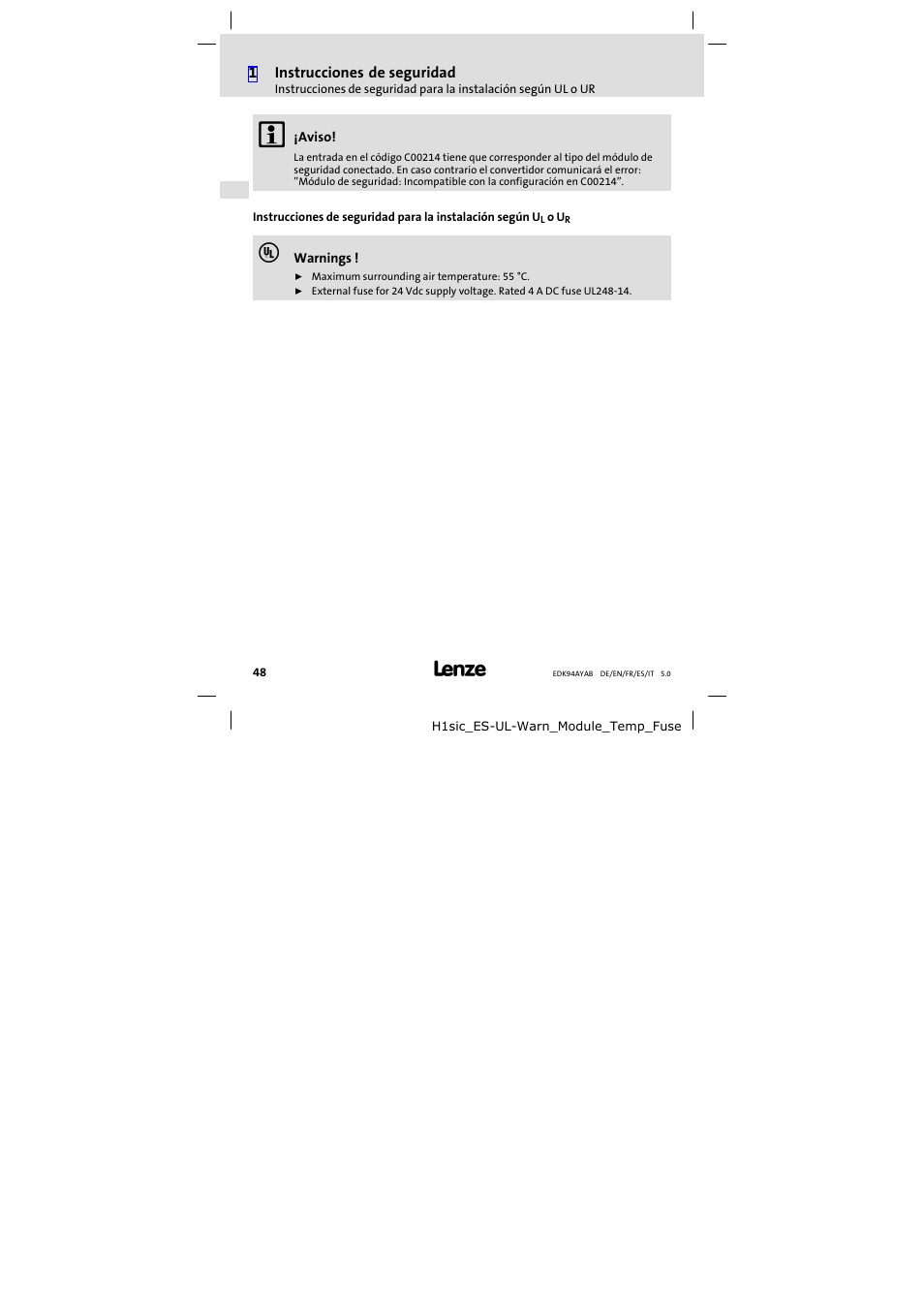 Lenze E94AYAB − SM100 User Manual | Page 48 / 68