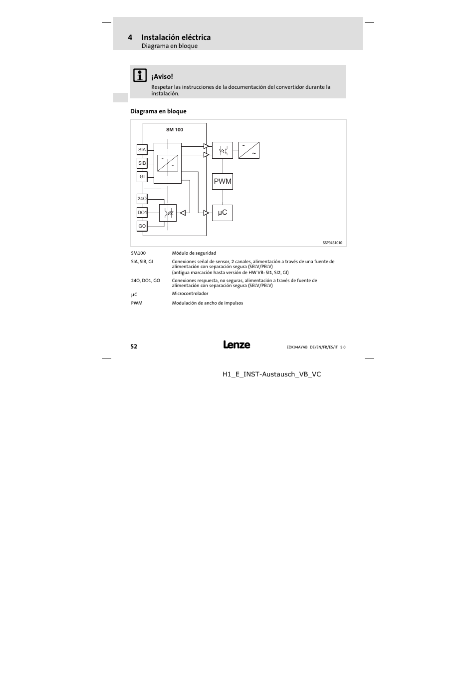 4 instalación eléctrica, Diagrama en bloque, 4instalación eléctrica | Lenze E94AYAB − SM100 User Manual | Page 52 / 68