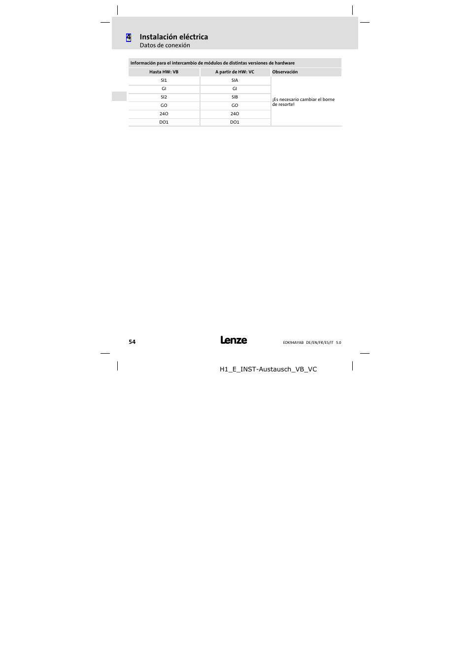 4instalación eléctrica | Lenze E94AYAB − SM100 User Manual | Page 54 / 68