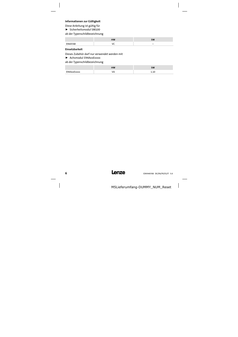 Informationen zur gültigkeit | Lenze E94AYAB − SM100 User Manual | Page 6 / 68