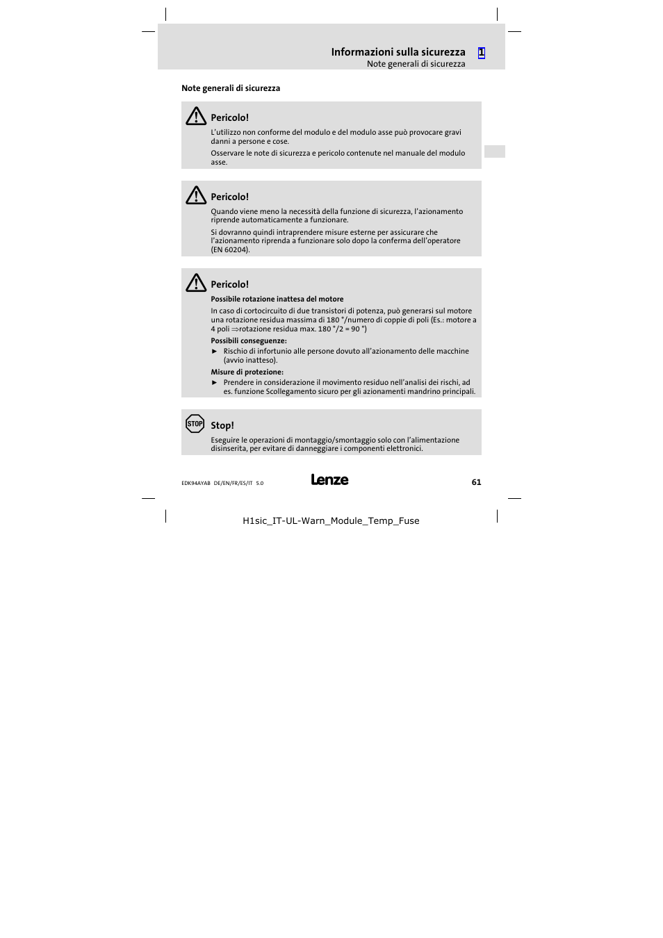 Note generali di sicurezza | Lenze E94AYAB − SM100 User Manual | Page 61 / 68