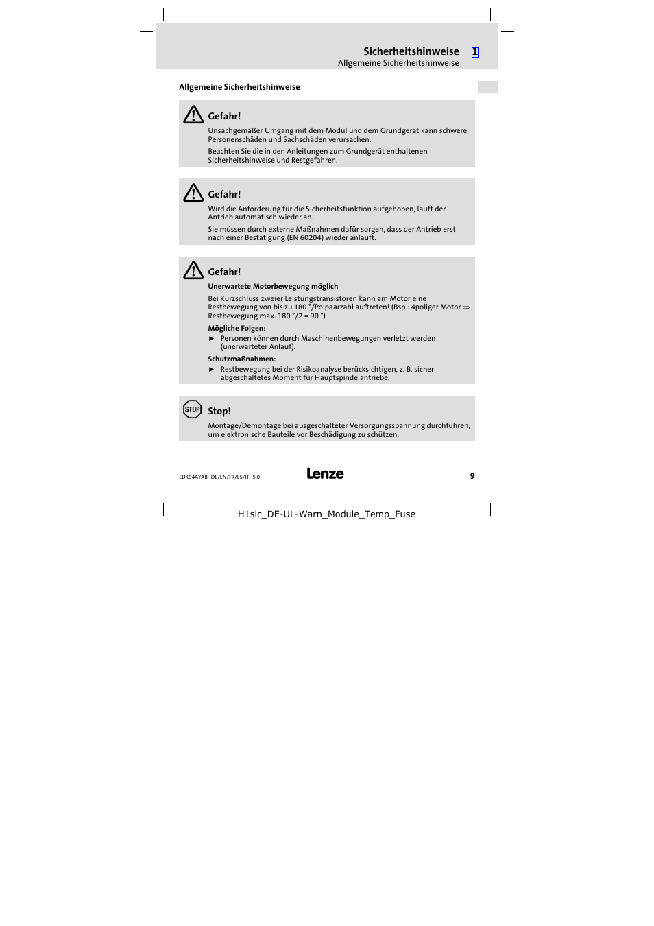 Allgemeine sicherheitshinweise | Lenze E94AYAB − SM100 User Manual | Page 9 / 68