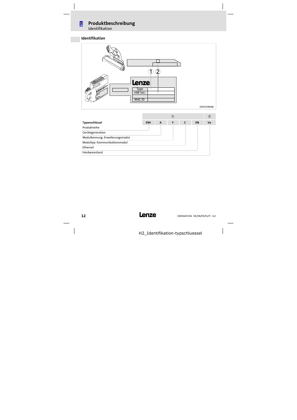 Identifikation, 3produktbeschreibung | Lenze E94AYCEN User Manual | Page 12 / 84