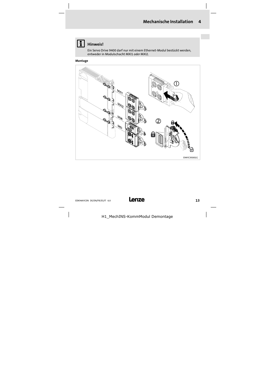 4 mechanische installation, Mechanische installation | Lenze E94AYCEN User Manual | Page 13 / 84