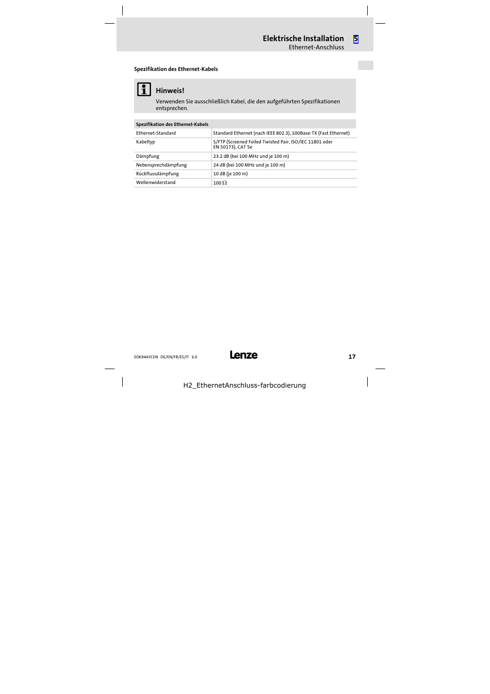 Elektrische installation | Lenze E94AYCEN User Manual | Page 17 / 84