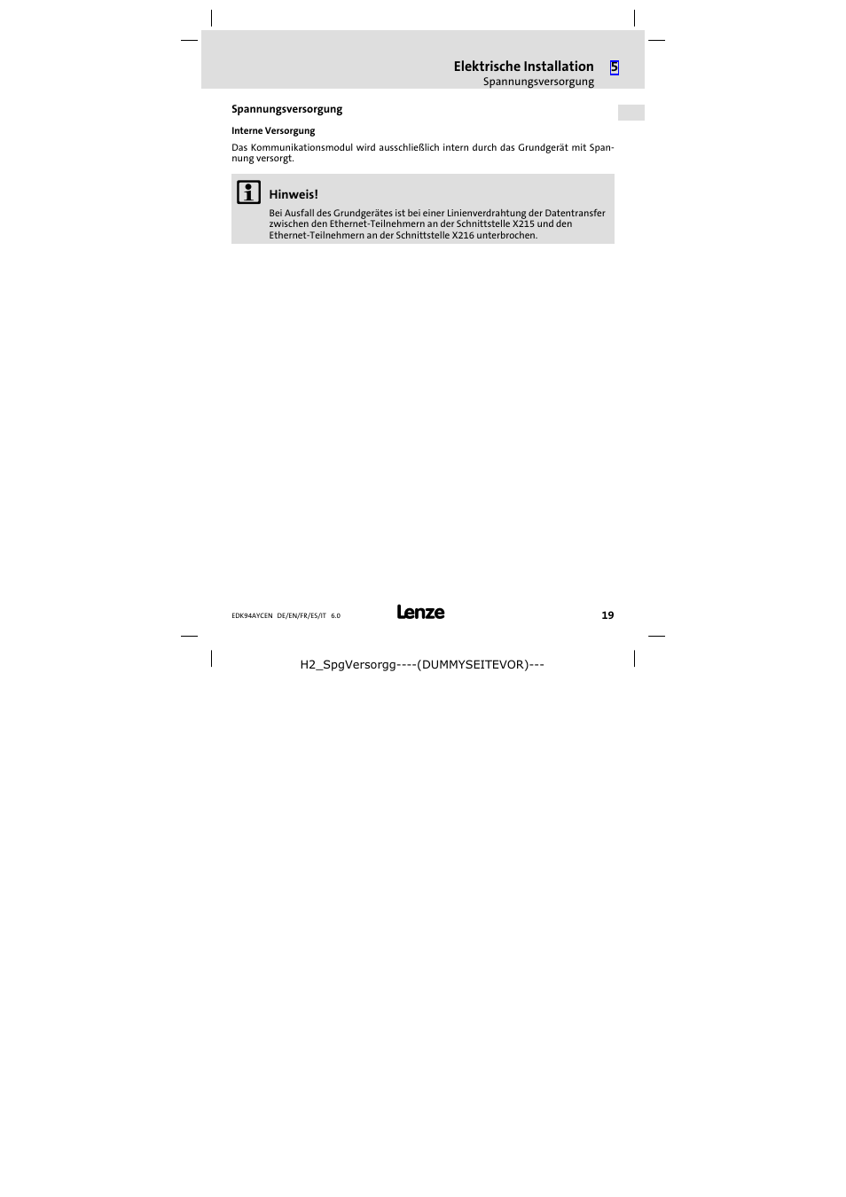Spannungsversorgung | Lenze E94AYCEN User Manual | Page 19 / 84