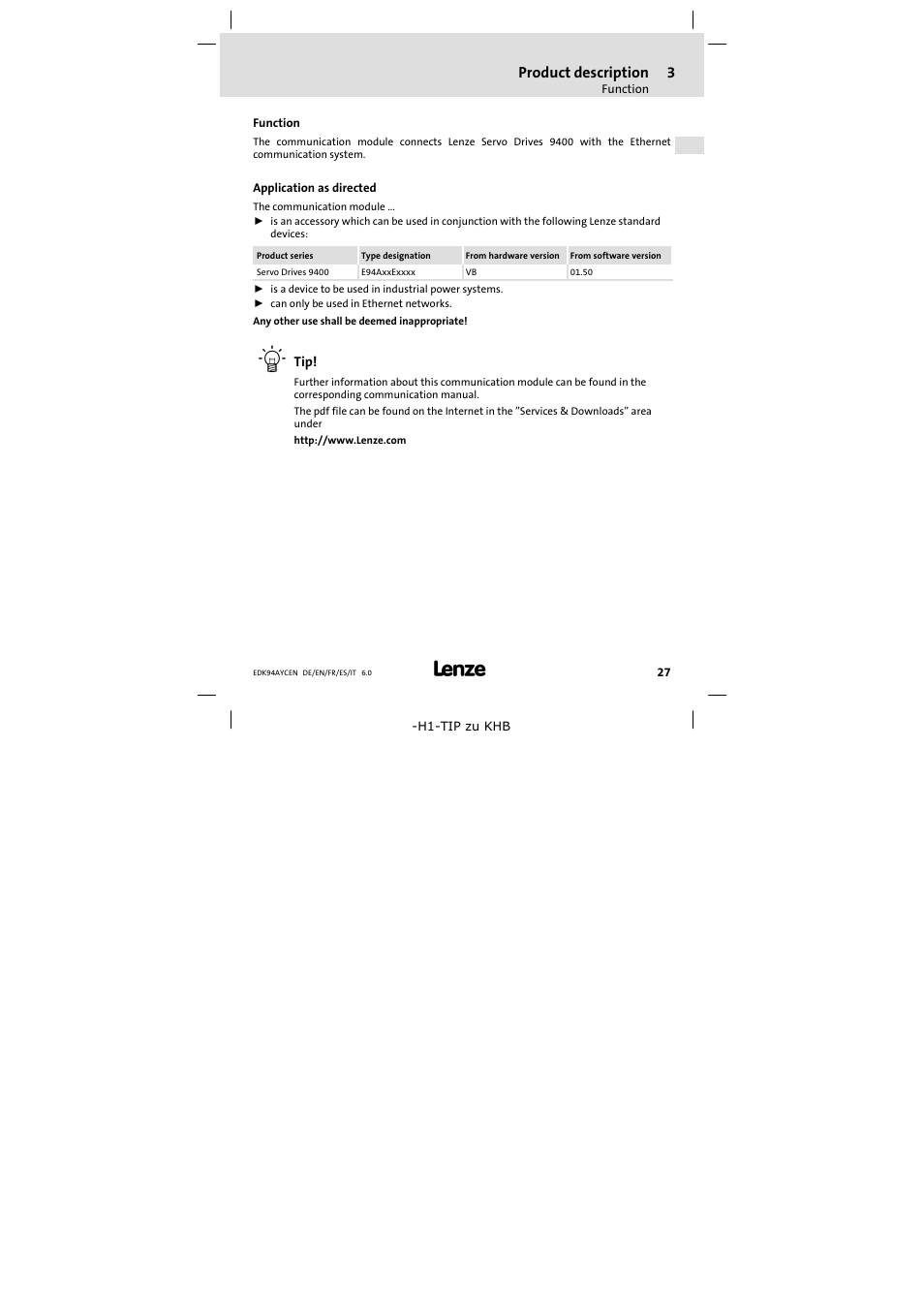 3 product description, Function, Application as directed | Product description, Function 27 | Lenze E94AYCEN User Manual | Page 27 / 84