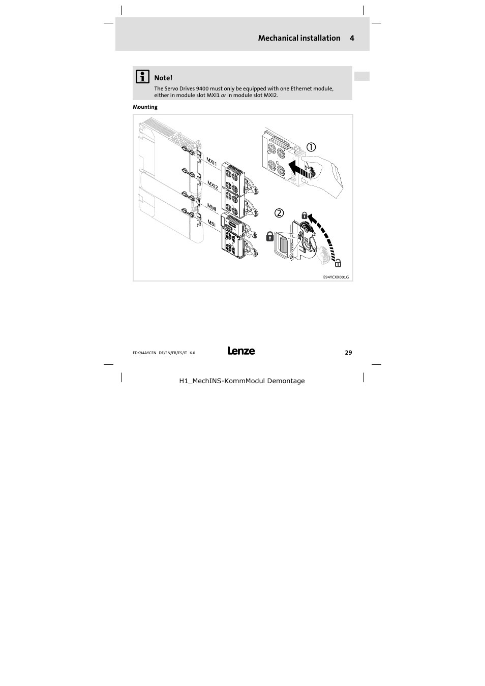 4 mechanical installation, Mechanical installation | Lenze E94AYCEN User Manual | Page 29 / 84