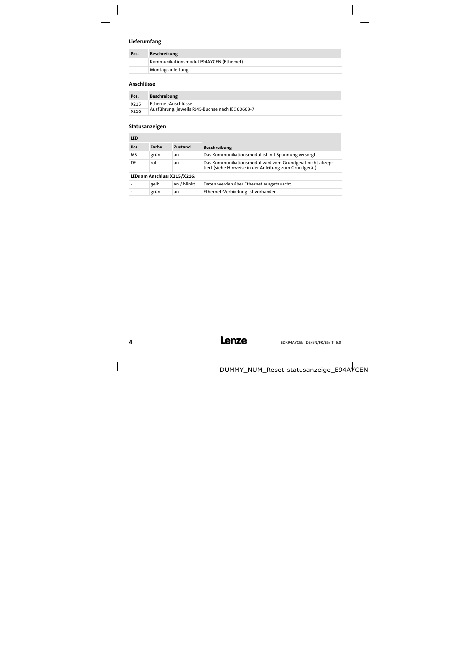 Lieferumfang, Anschlüsse, Statusanzeigen | Lenze E94AYCEN User Manual | Page 4 / 84