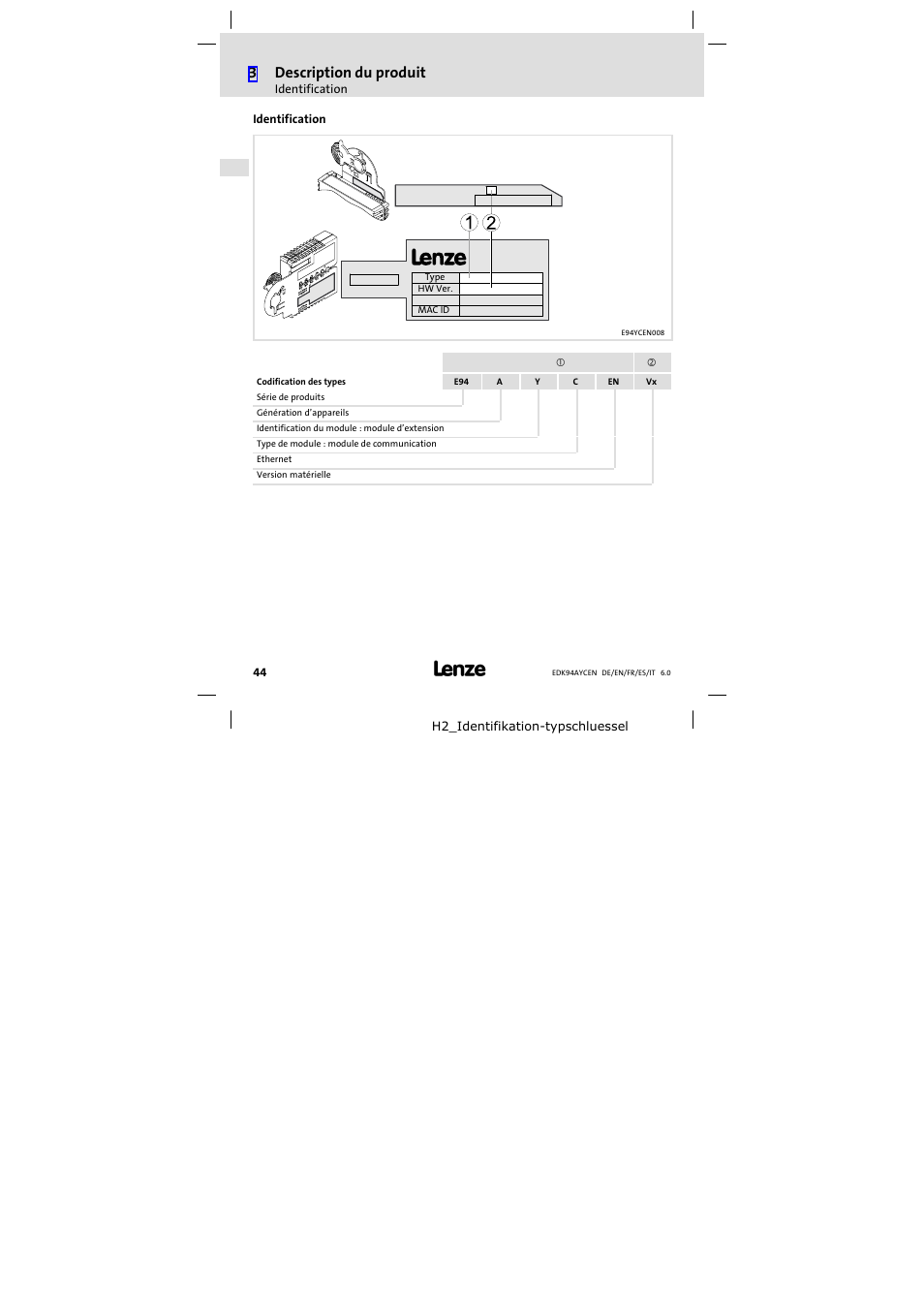 Identification, 3description du produit | Lenze E94AYCEN User Manual | Page 44 / 84