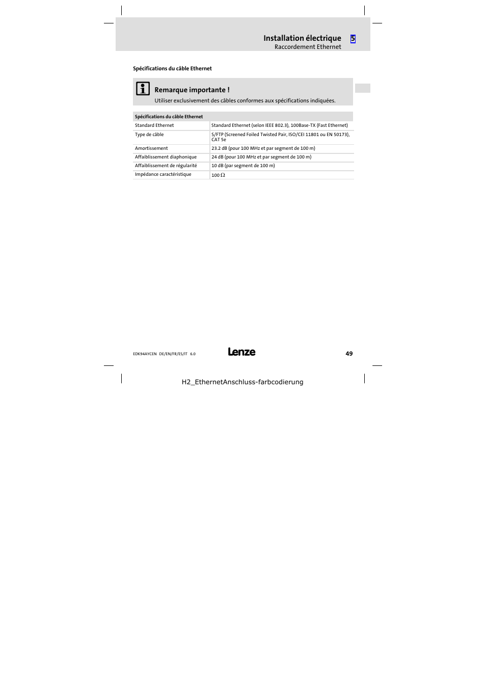 Installation électrique | Lenze E94AYCEN User Manual | Page 49 / 84
