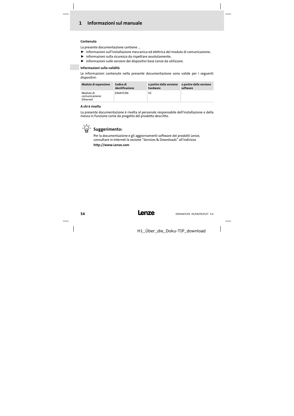 1 informazioni sul manuale, Informazioni sul manuale, 1informazioni sul manuale | Lenze E94AYCEN User Manual | Page 54 / 84