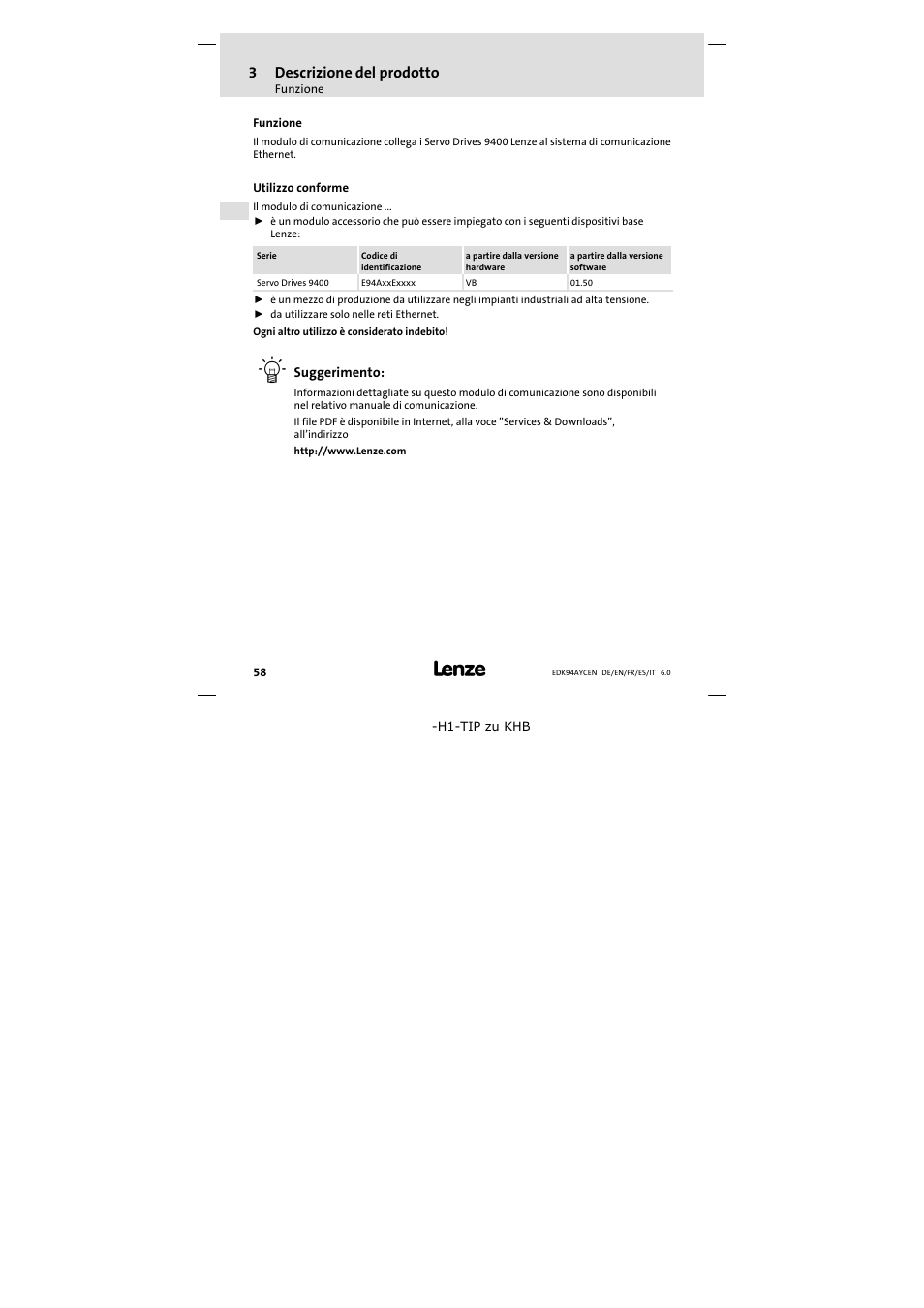 3 descrizione del prodotto, Funzione, Utilizzo conforme | Descrizione del prodotto, 3descrizione del prodotto | Lenze E94AYCEN User Manual | Page 58 / 84
