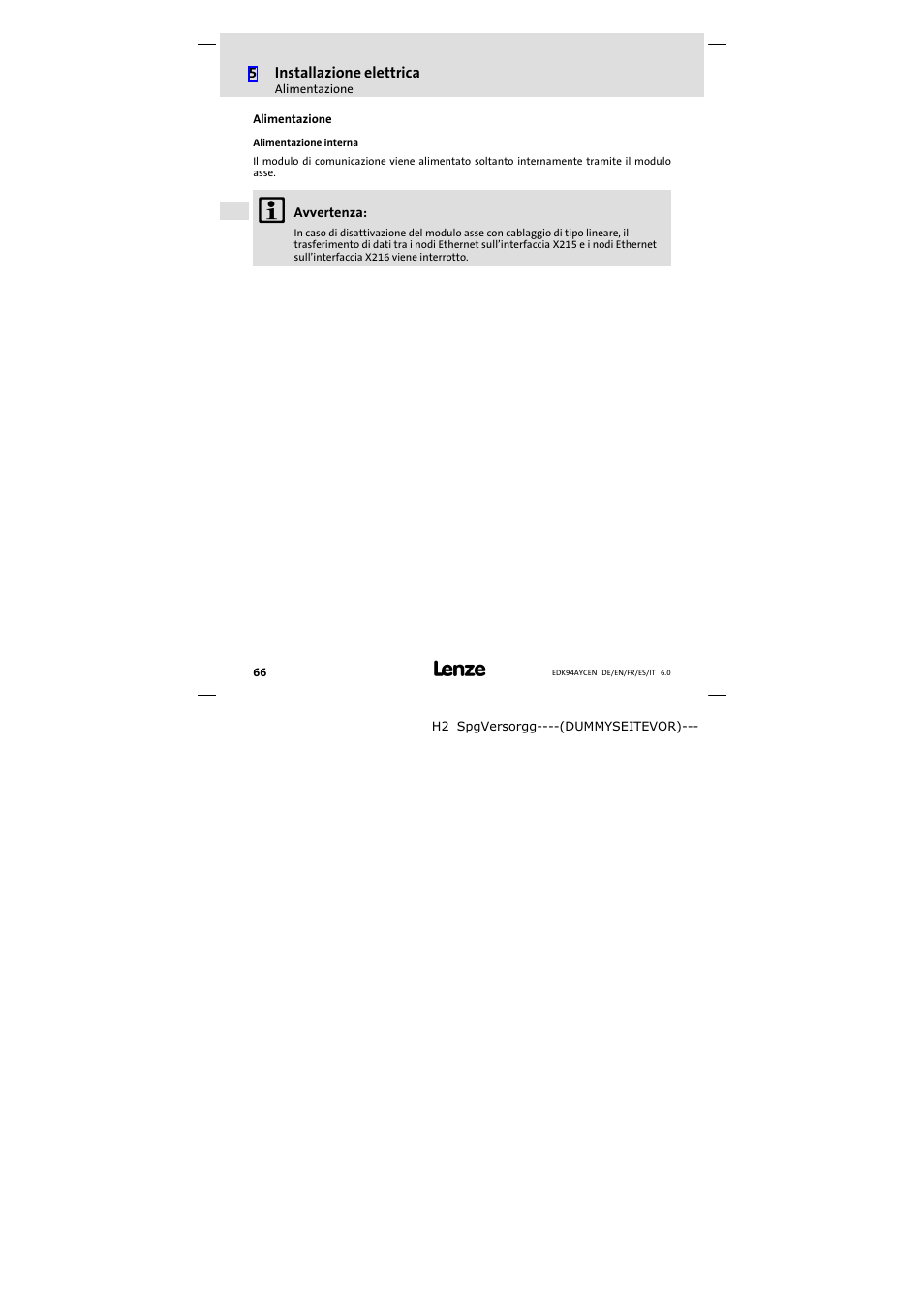 Alimentazione | Lenze E94AYCEN User Manual | Page 66 / 84