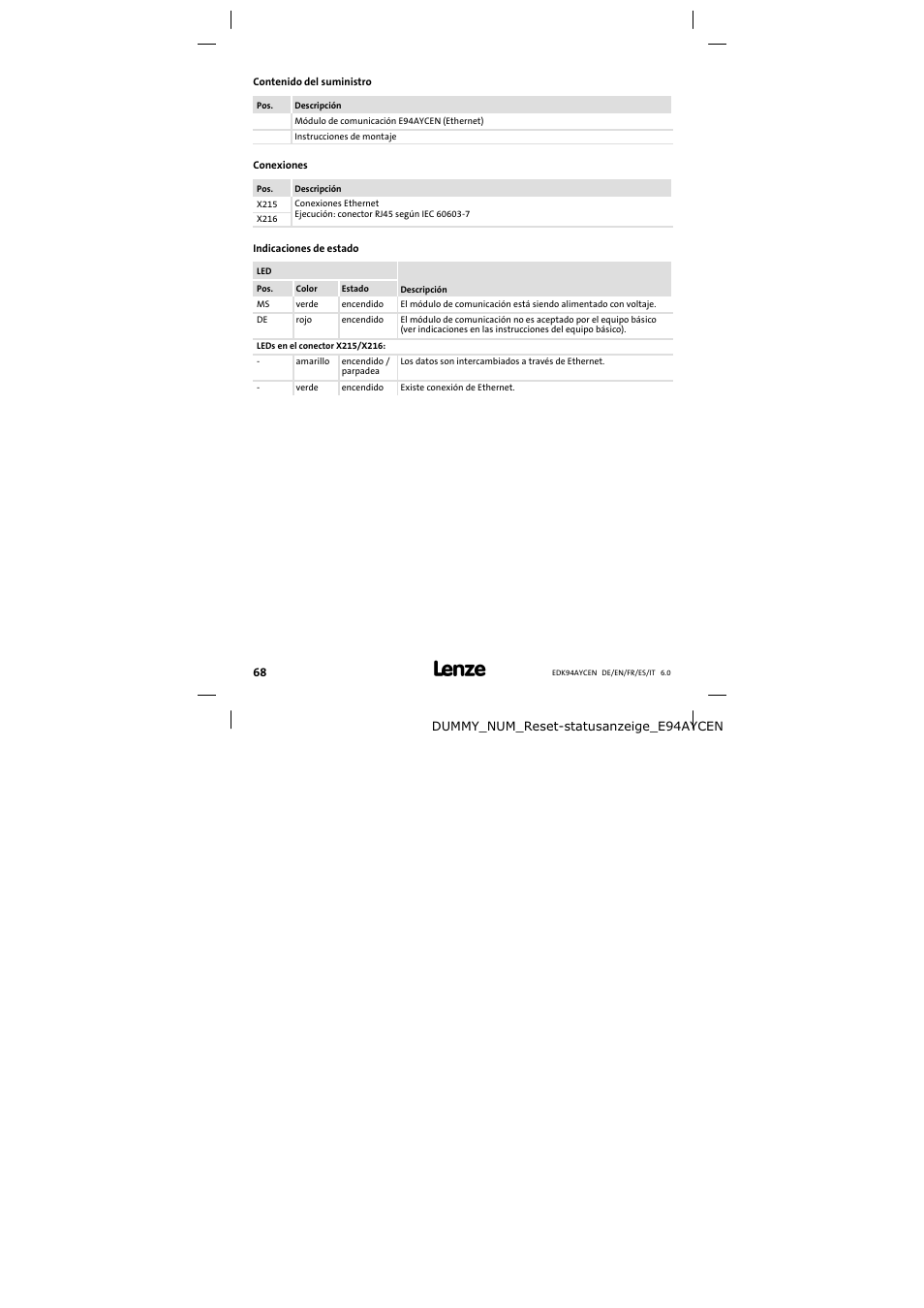 Lenze E94AYCEN User Manual | Page 68 / 84