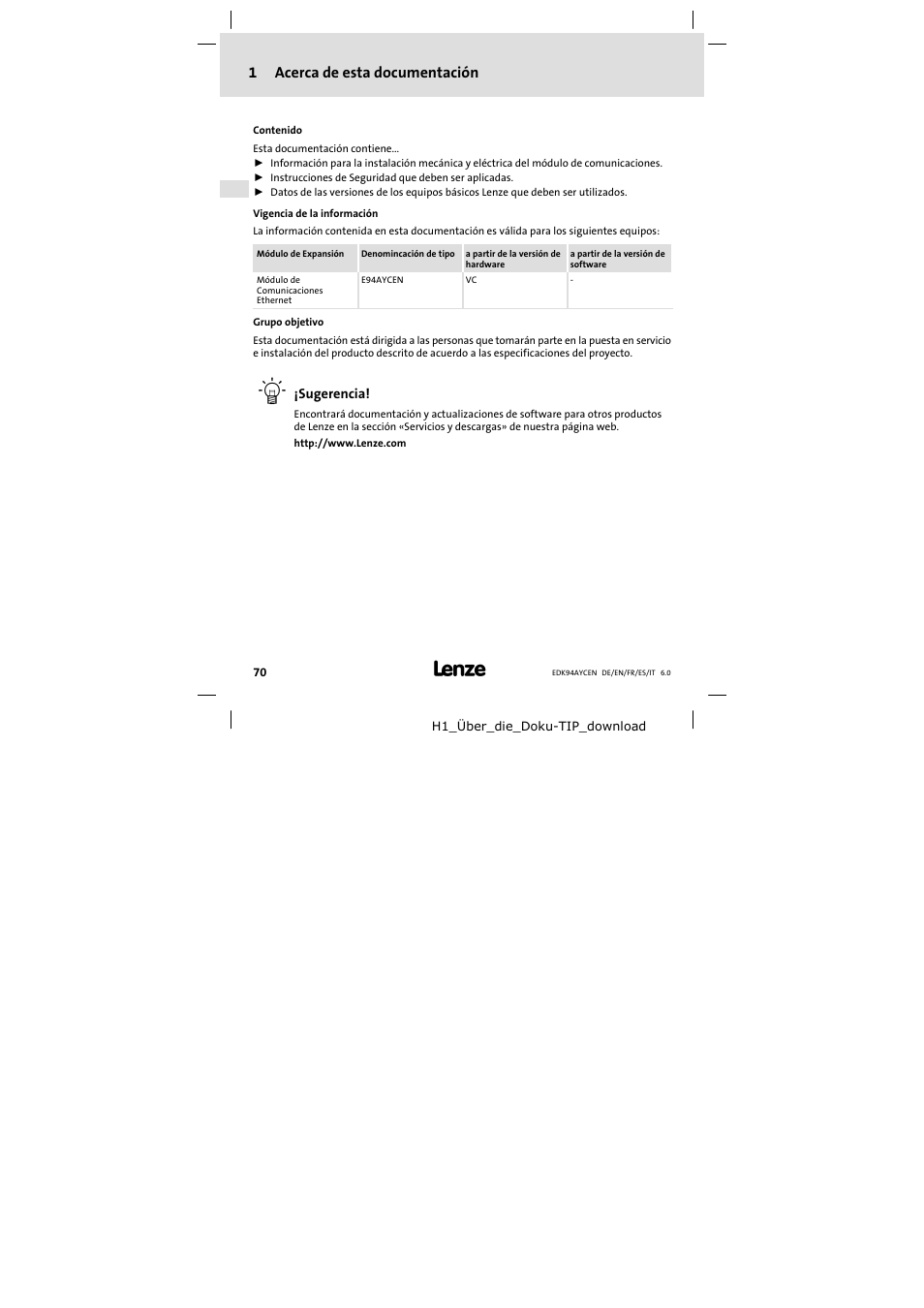 1 acerca de esta documentación, Acerca de esta documentación, 1acerca de esta documentación | Lenze E94AYCEN User Manual | Page 70 / 84