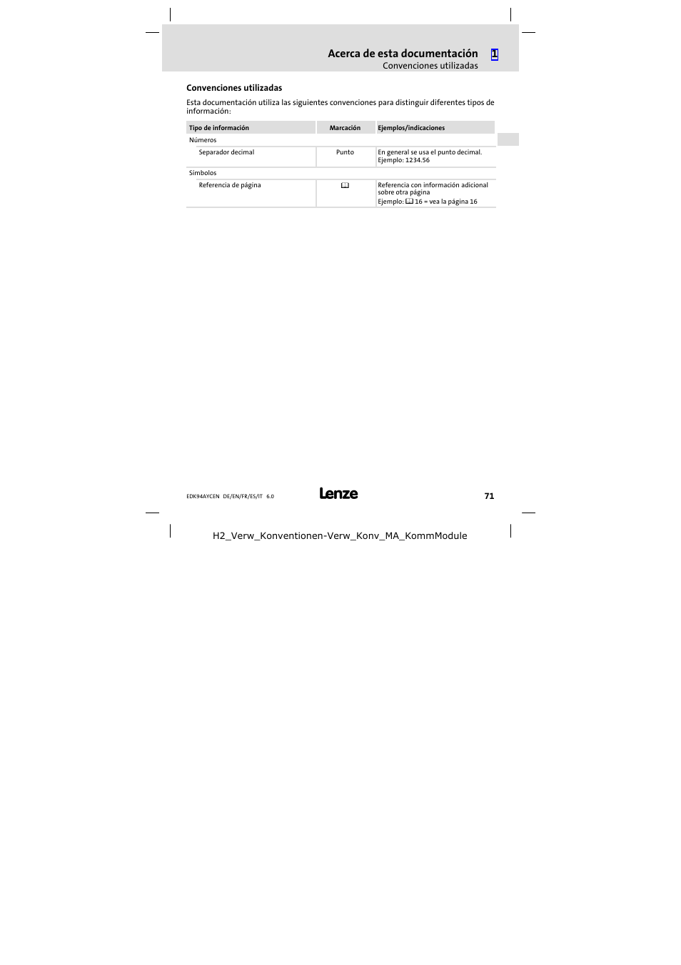Convenciones utilizadas, Acerca de esta documentación | Lenze E94AYCEN User Manual | Page 71 / 84