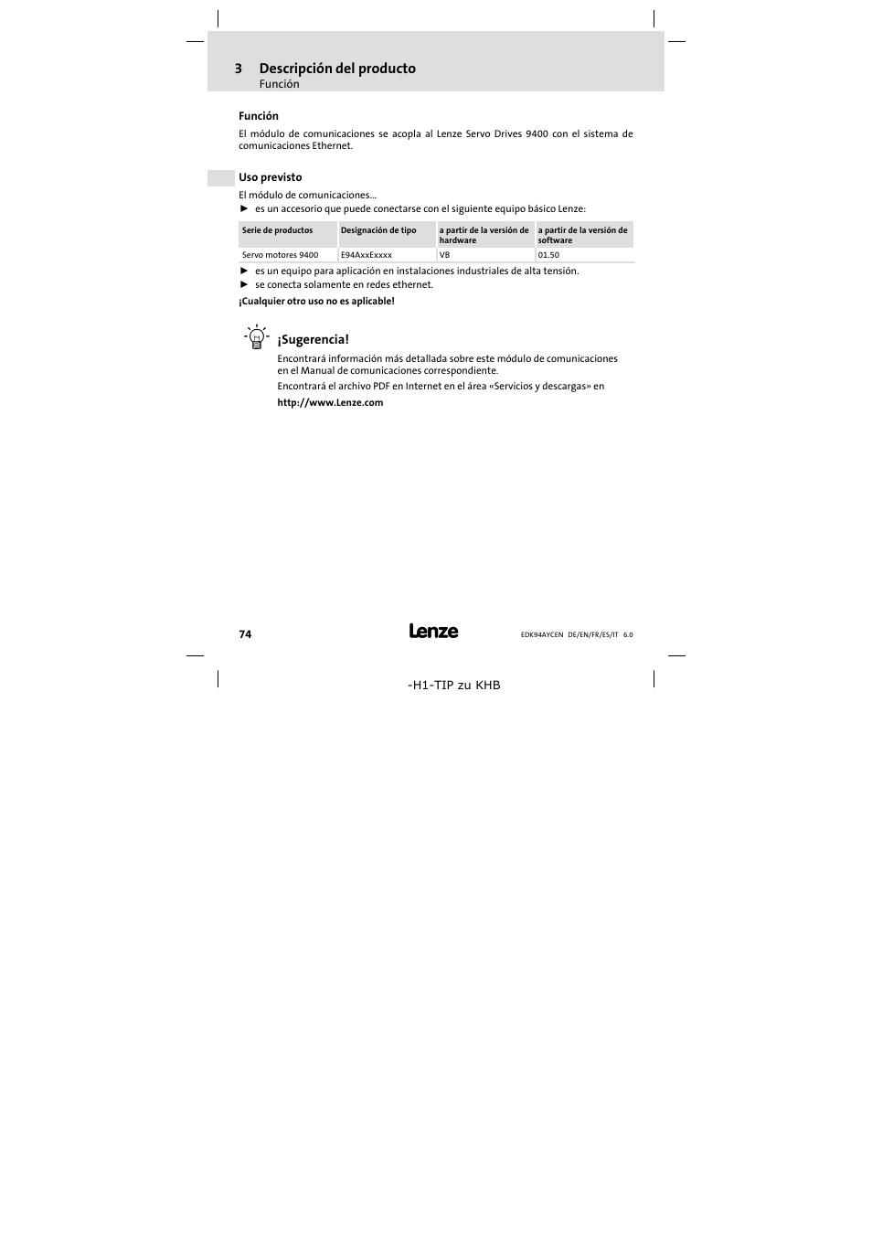 3 descripción del producto, Función, Uso previsto | Descripción del producto, 3descripción del producto | Lenze E94AYCEN User Manual | Page 74 / 84