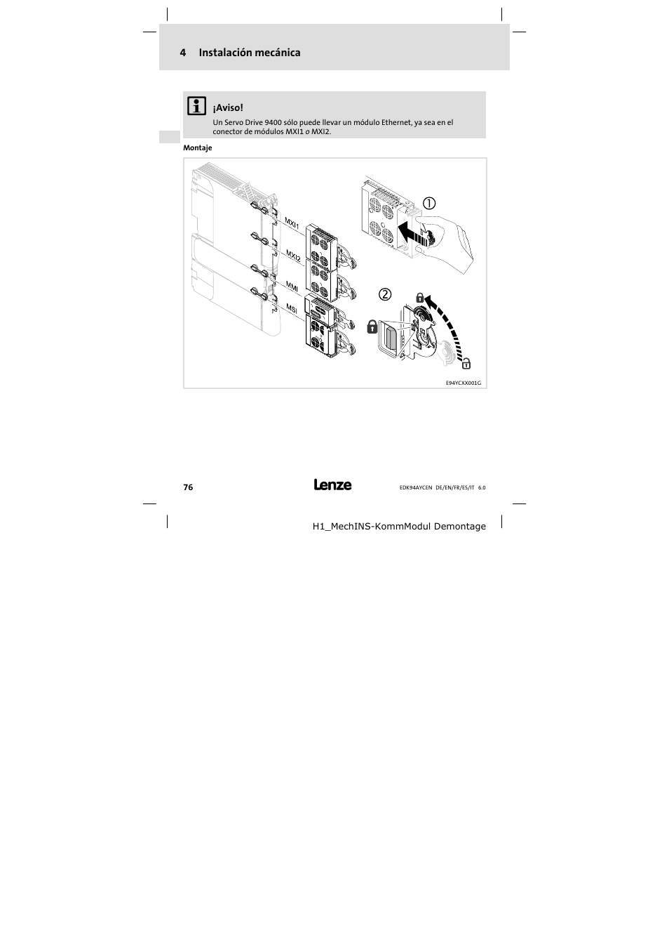 4 instalación mecánica, Instalación mecánica | Lenze E94AYCEN User Manual | Page 76 / 84