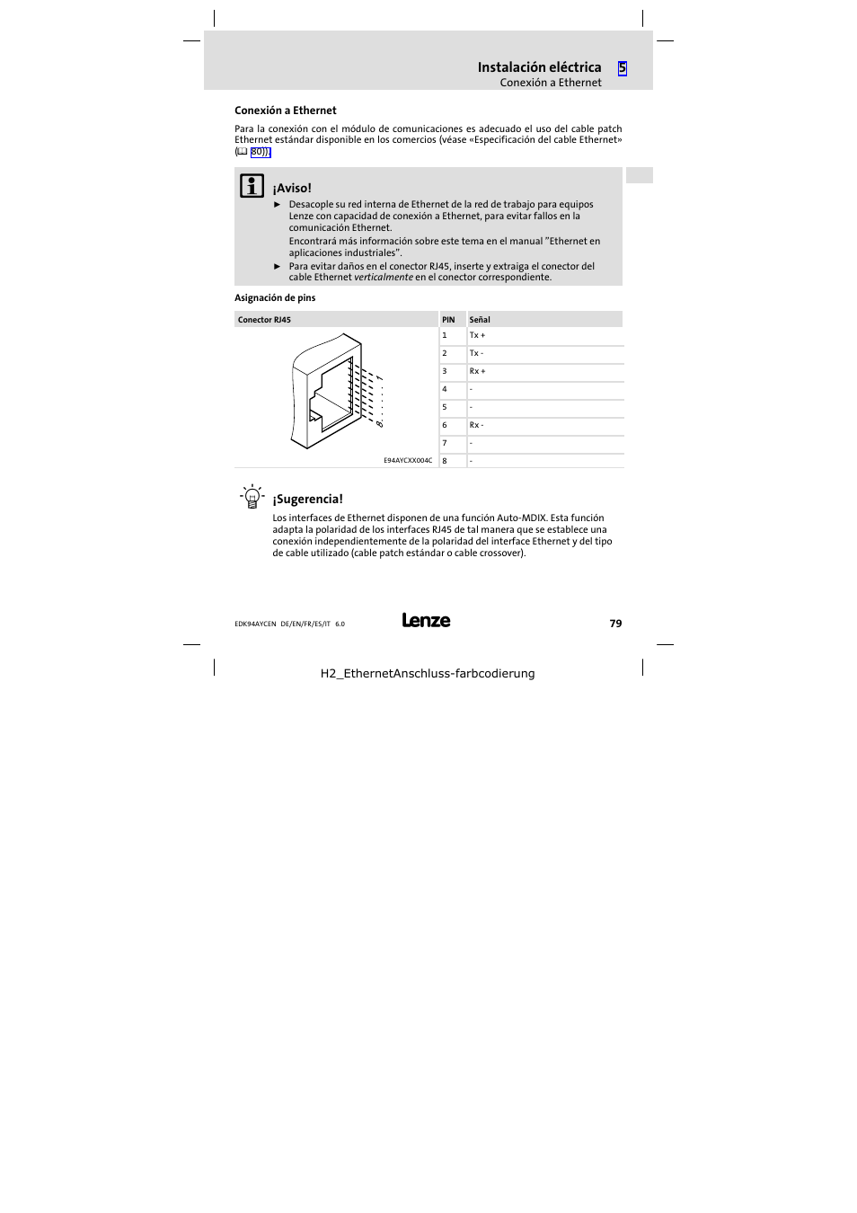 Conexión a ethernet, Instalación eléctrica | Lenze E94AYCEN User Manual | Page 79 / 84