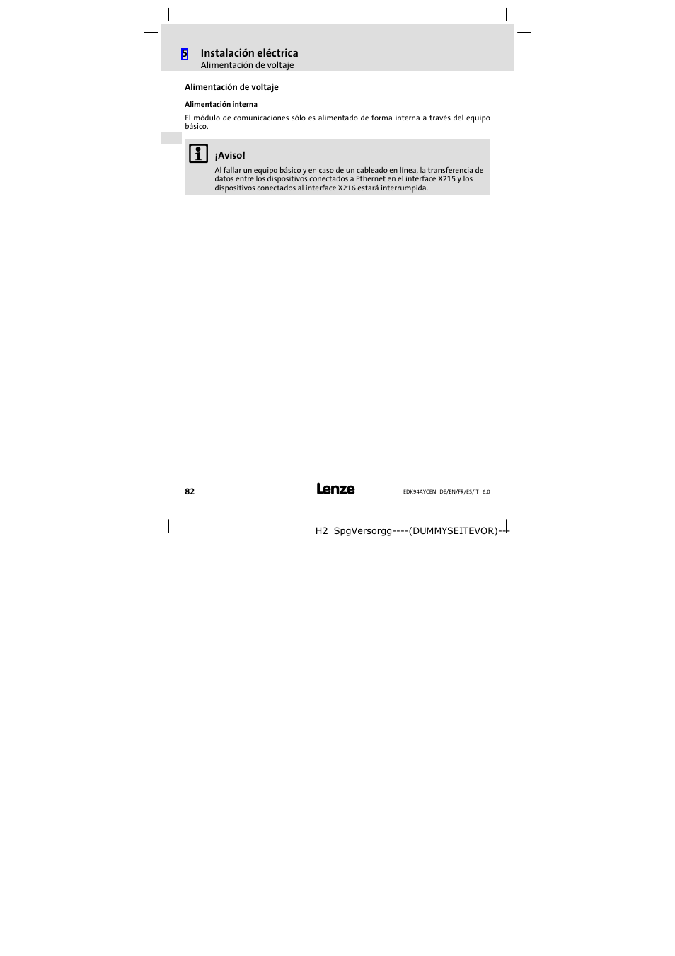 Alimentación de voltaje | Lenze E94AYCEN User Manual | Page 82 / 84