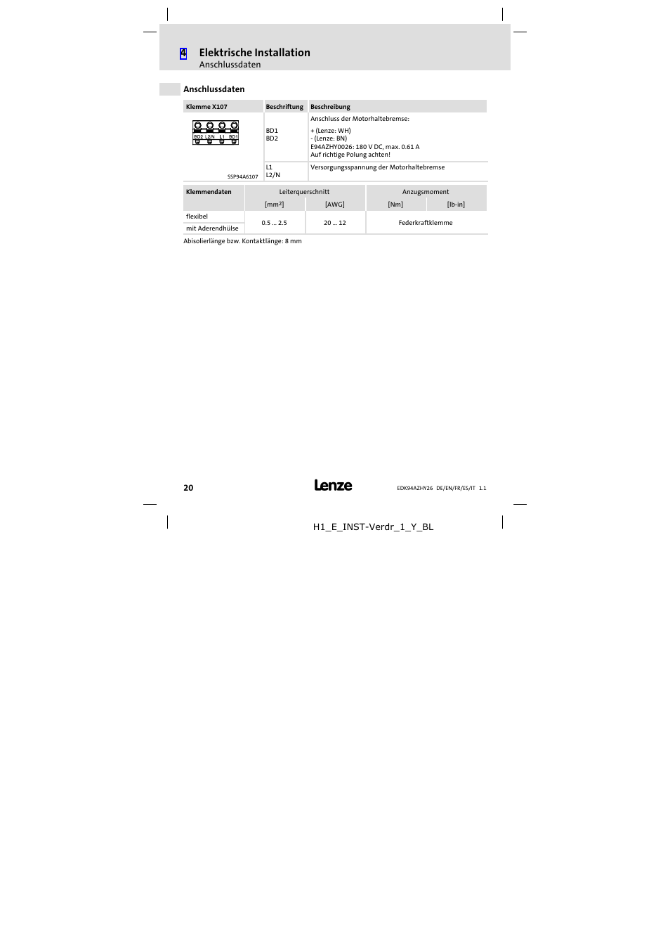 Anschlussdaten, 4elektrische installation | Lenze E94AZHY0026 User Manual | Page 20 / 94