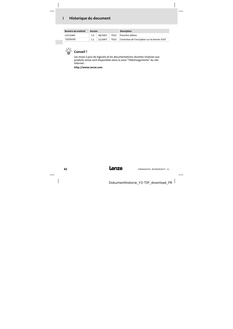 Historique du document, Ihistorique du document | Lenze E94AZHY0026 User Manual | Page 42 / 94