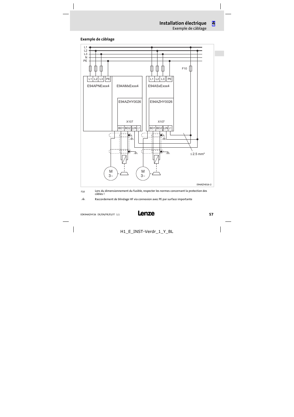 Exemple de câblage, Installation électrique | Lenze E94AZHY0026 User Manual | Page 57 / 94