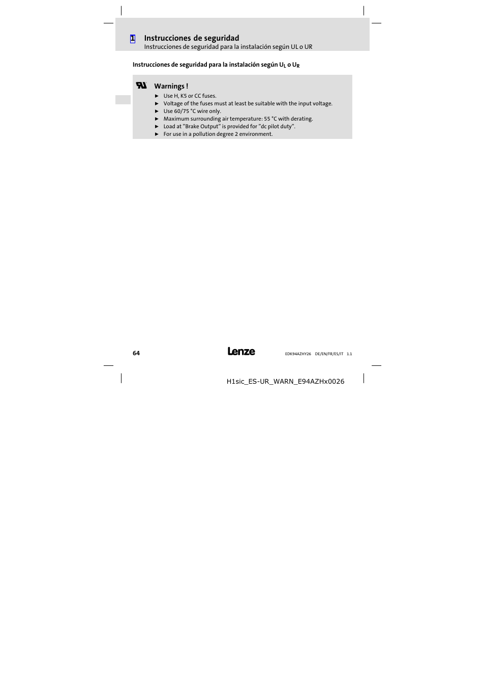 1instrucciones de seguridad | Lenze E94AZHY0026 User Manual | Page 64 / 94