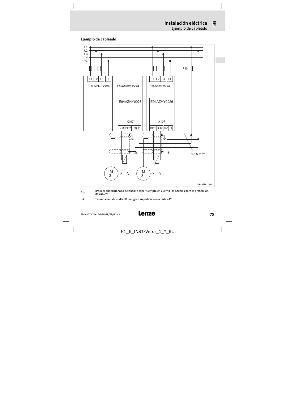Ejemplo de cableado, Instalación eléctrica | Lenze E94AZHY0026 User Manual | Page 75 / 94