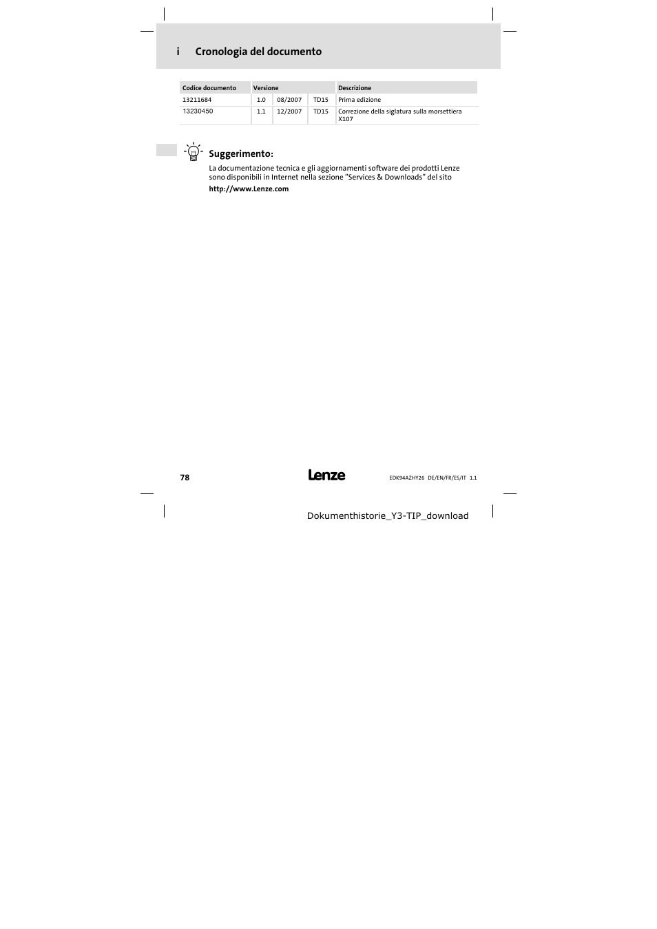 Cronologia del documento, Icronologia del documento | Lenze E94AZHY0026 User Manual | Page 78 / 94