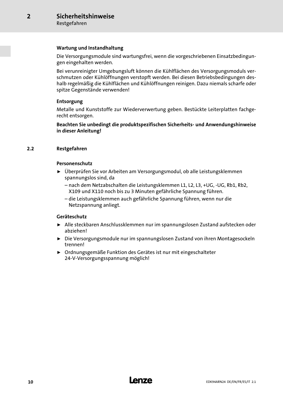 2 restgefahren, Restgefahren, Sicherheitshinweise | Lenze E94ARNE User Manual | Page 10 / 166