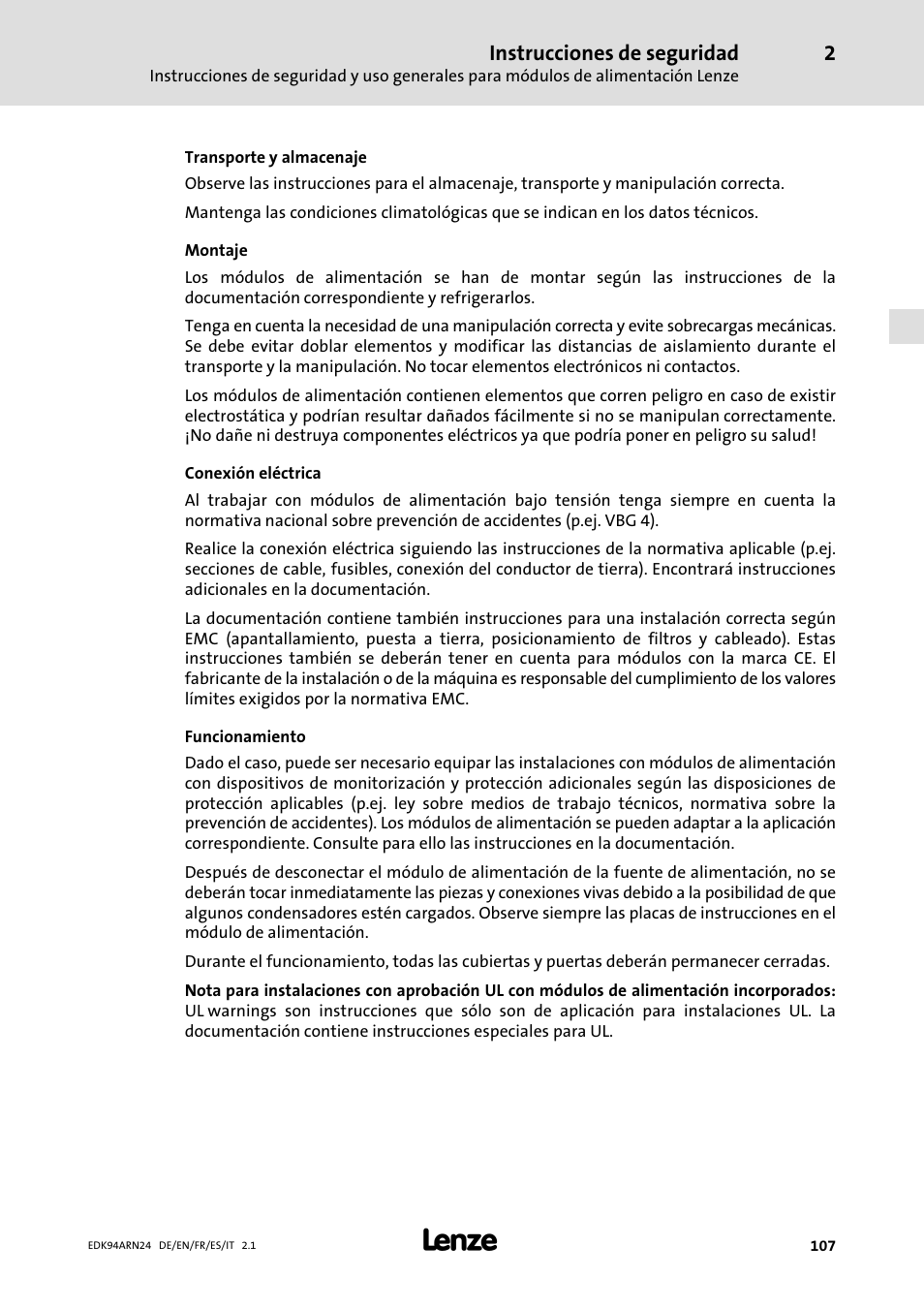 Instrucciones de seguridad | Lenze E94ARNE User Manual | Page 107 / 166