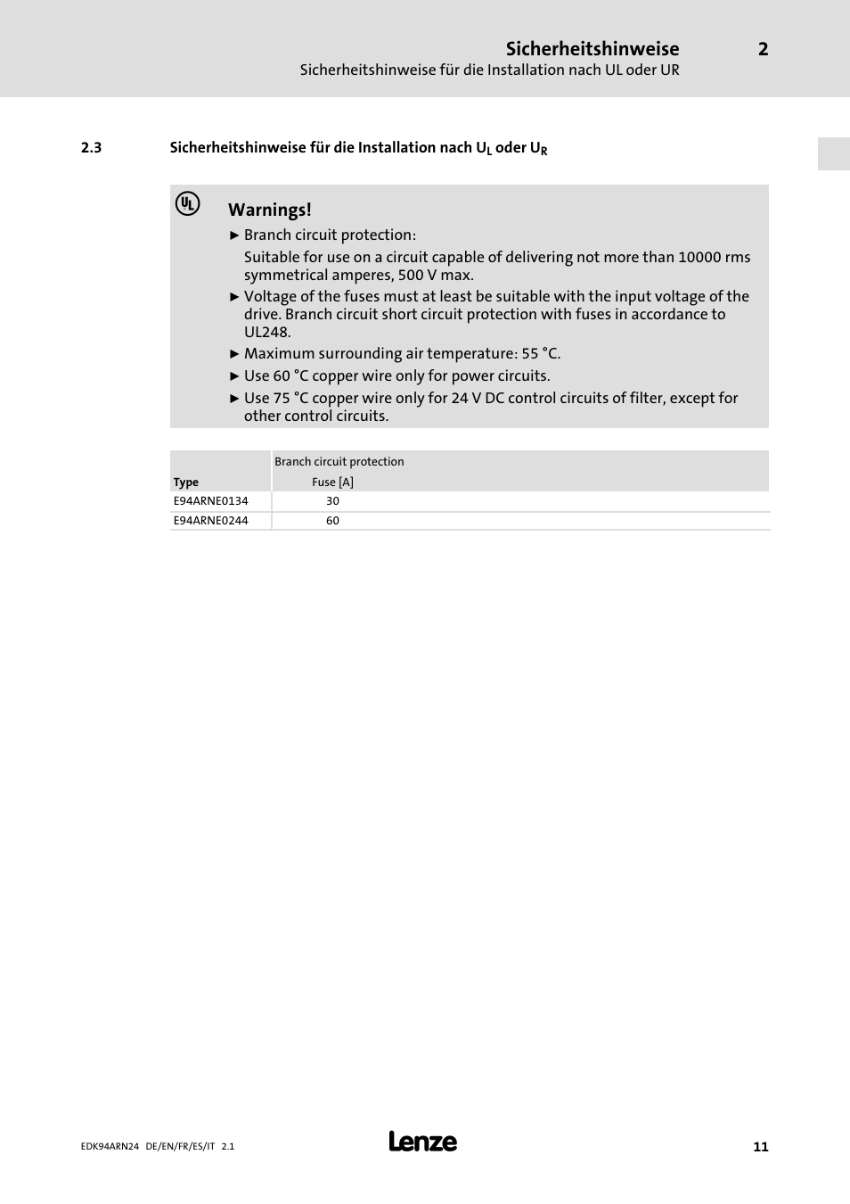 Sicherheitshinweise, Warnings | Lenze E94ARNE User Manual | Page 11 / 166