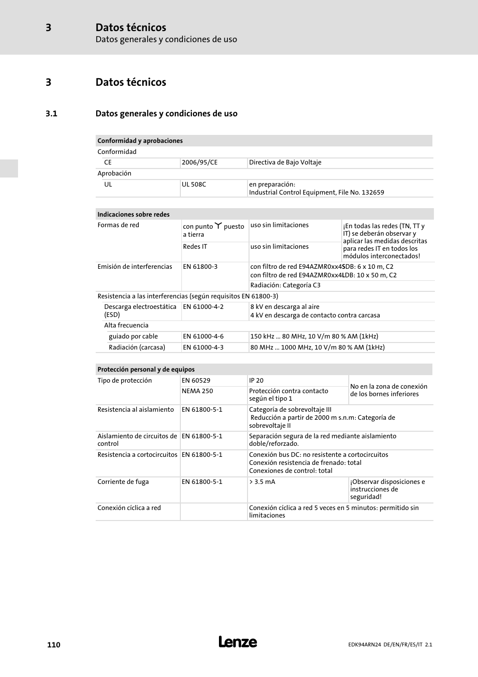 3 datos técnicos, 1 datos generales y condiciones de uso, Datos técnicos | Datos generales y condiciones de uso, 3datos técnicos | Lenze E94ARNE User Manual | Page 110 / 166