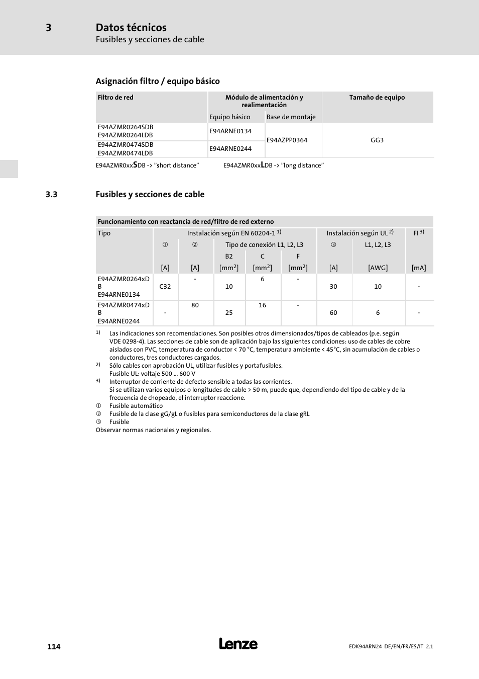 3 fusibles y secciones de cable, Fusibles y secciones de cable, Datos técnicos | Asignación filtro / equipo básico | Lenze E94ARNE User Manual | Page 114 / 166