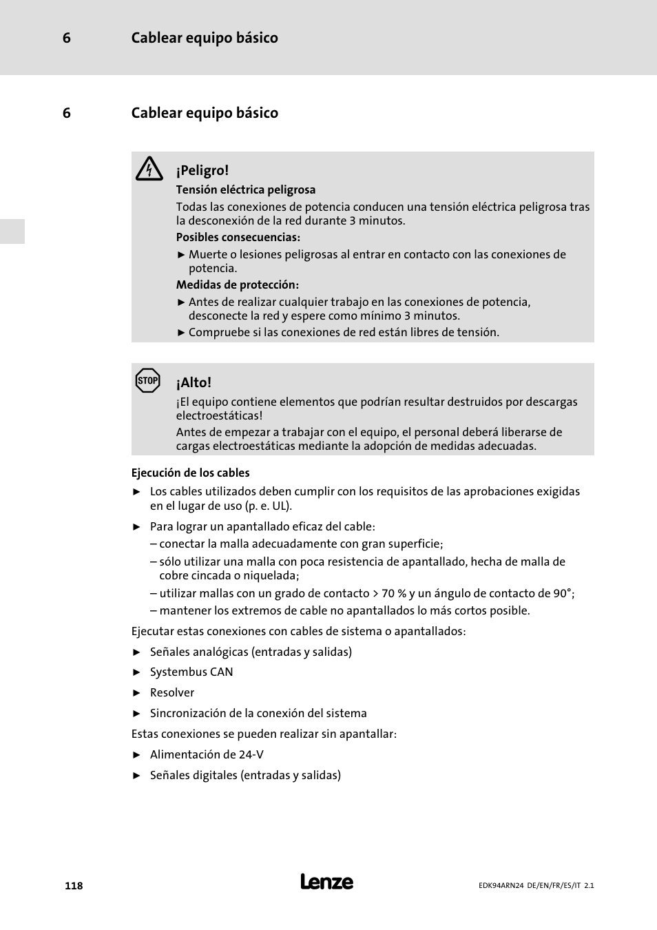 6 cablear equipo básico, Cablear equipo básico, Cablear equipo básico 6 | 6cablear equipo básico | Lenze E94ARNE User Manual | Page 118 / 166