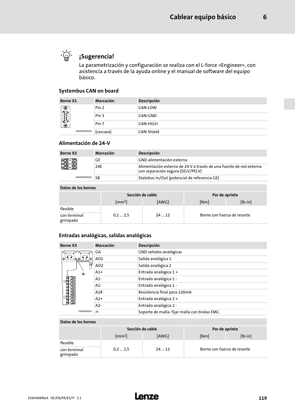 Cablear equipo básico 6, Sugerencia | Lenze E94ARNE User Manual | Page 119 / 166