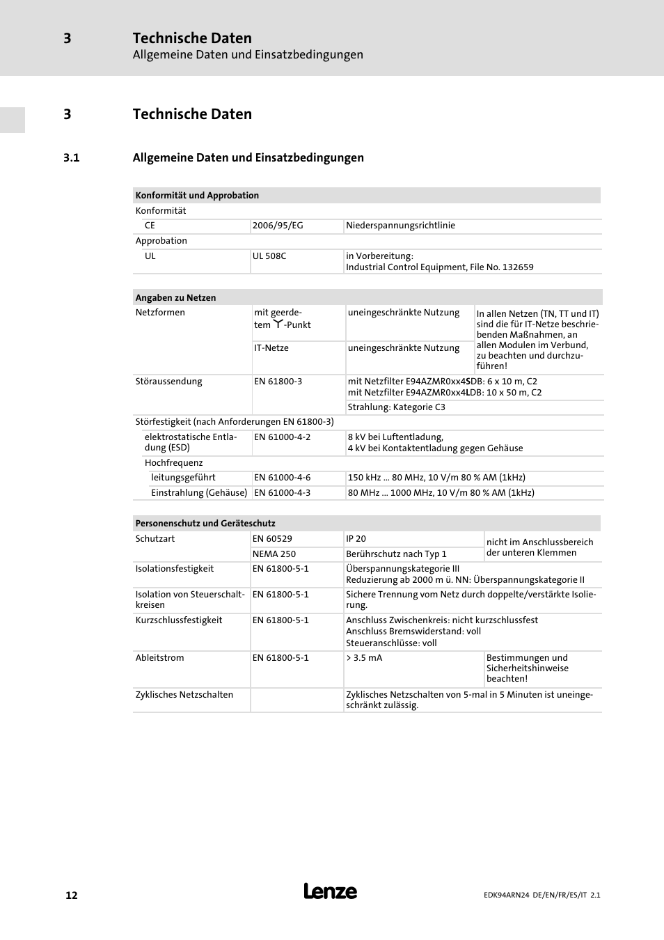 3 technische daten, 1 allgemeine daten und einsatzbedingungen, Technische daten | Allgemeine daten und einsatzbedingungen, 3technische daten | Lenze E94ARNE User Manual | Page 12 / 166