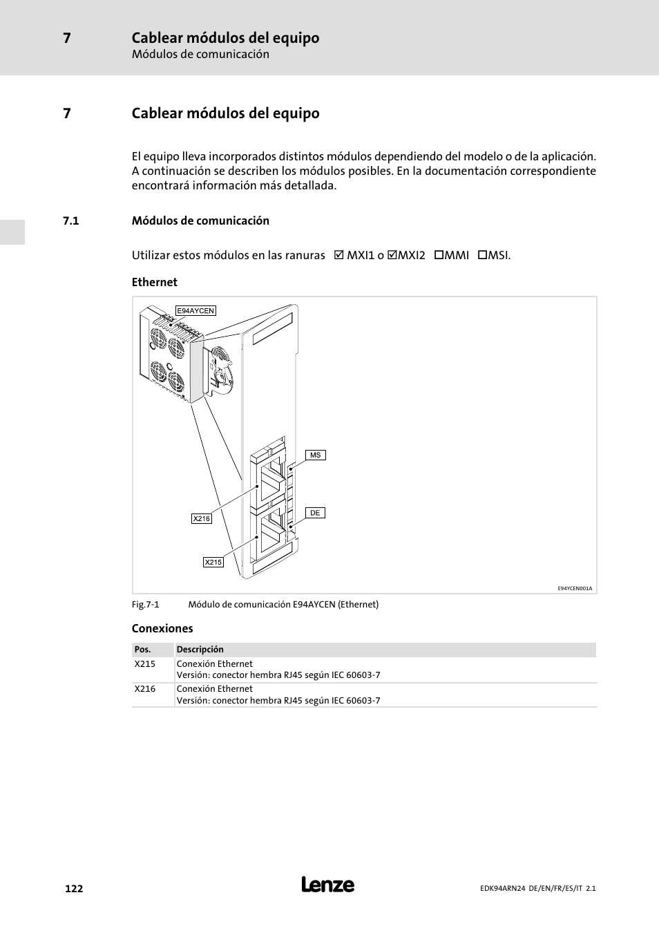 7 cablear módulos del equipo, 1 módulos de comunicación, Cablear módulos del equipo | Módulos de comunicación, 7cablear módulos del equipo | Lenze E94ARNE User Manual | Page 122 / 166