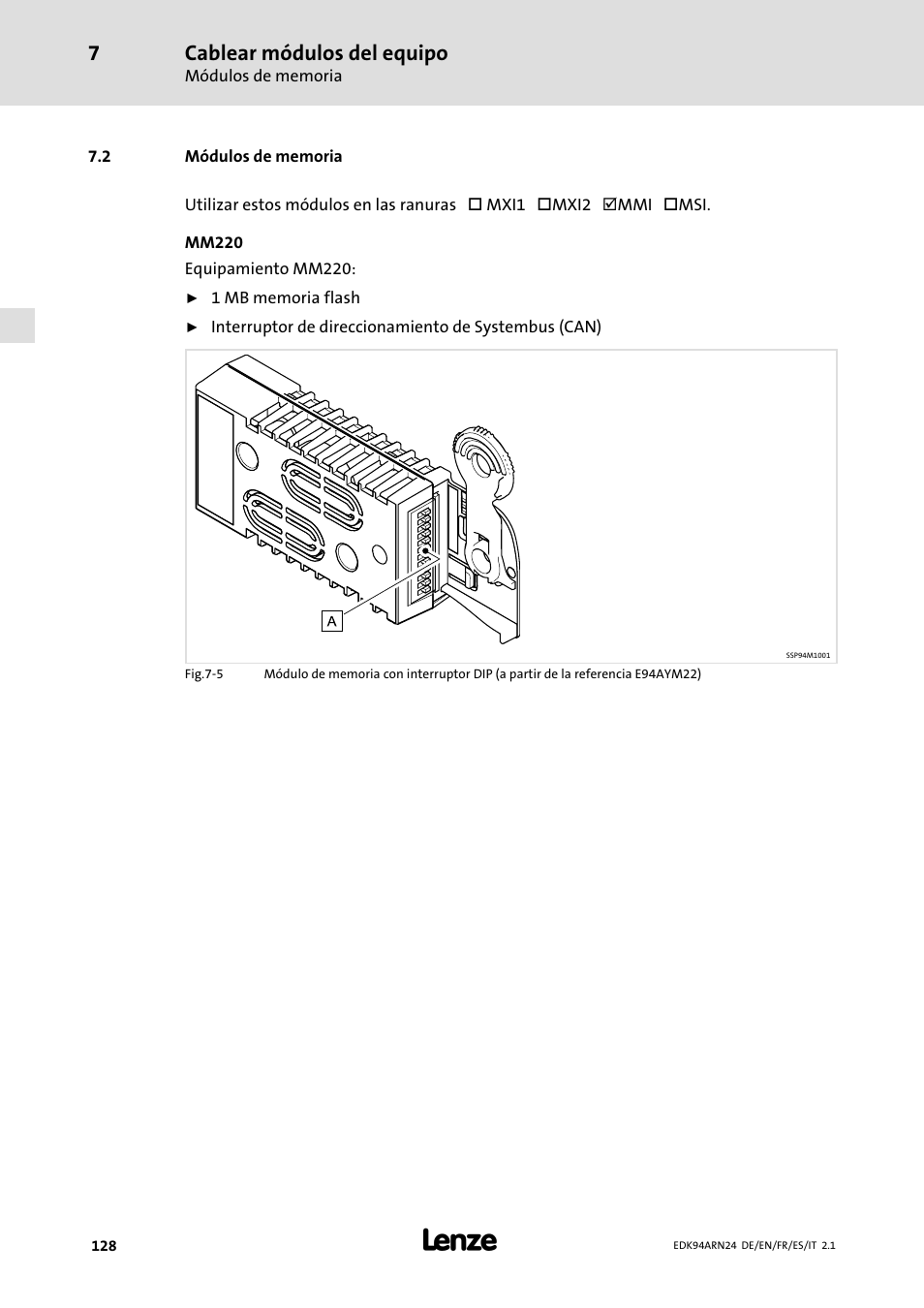 2 módulos de memoria, Módulos de memoria, Cablear módulos del equipo | Lenze E94ARNE User Manual | Page 128 / 166