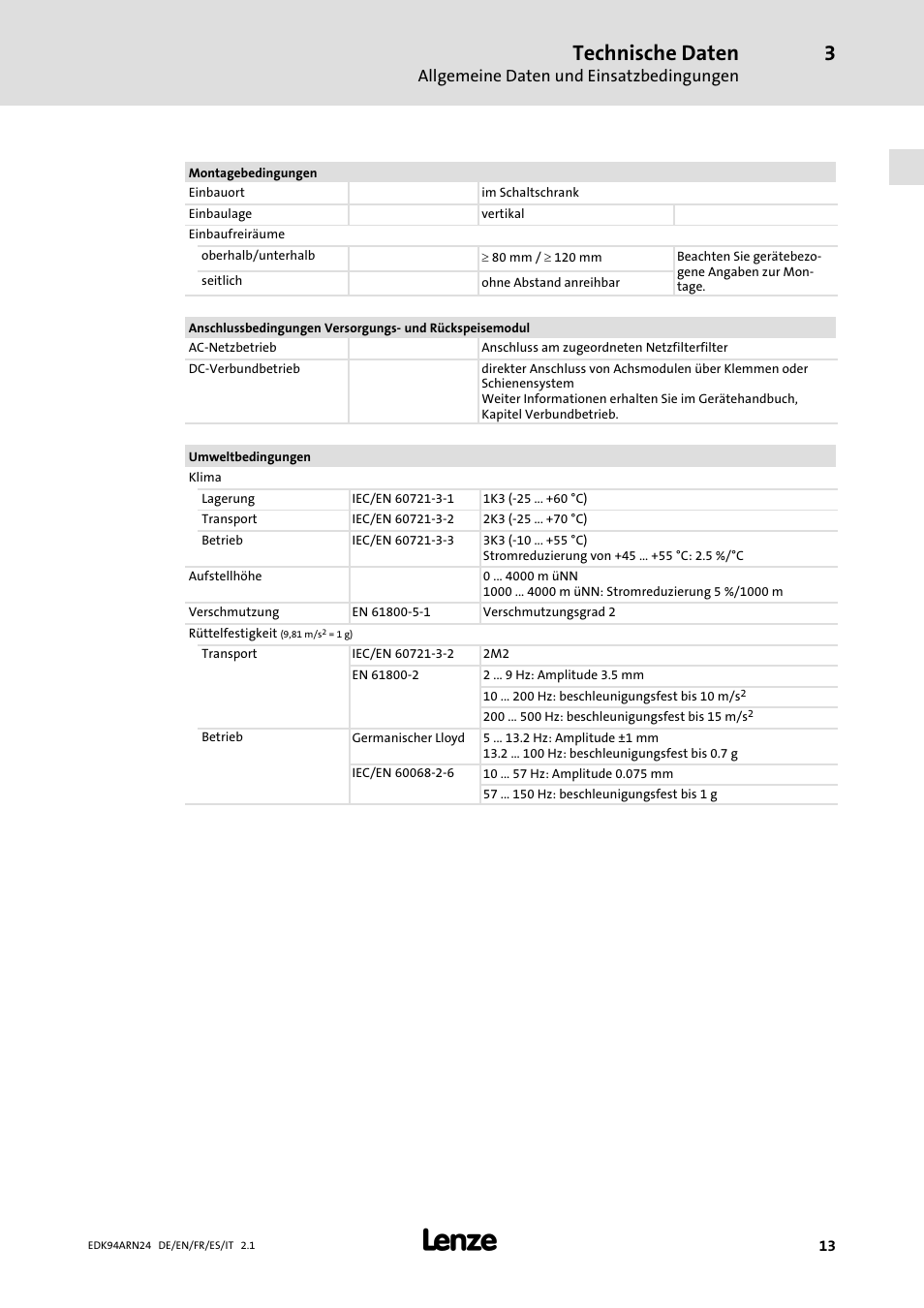 Technische daten, Allgemeine daten und einsatzbedingungen | Lenze E94ARNE User Manual | Page 13 / 166