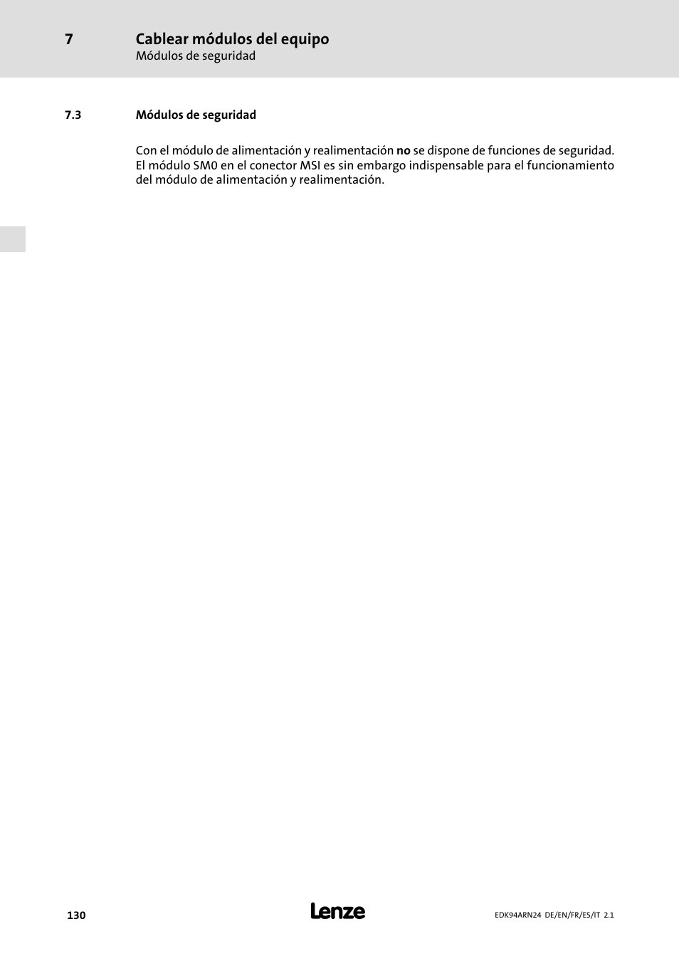 3 módulos de seguridad, Módulos de seguridad | Lenze E94ARNE User Manual | Page 130 / 166