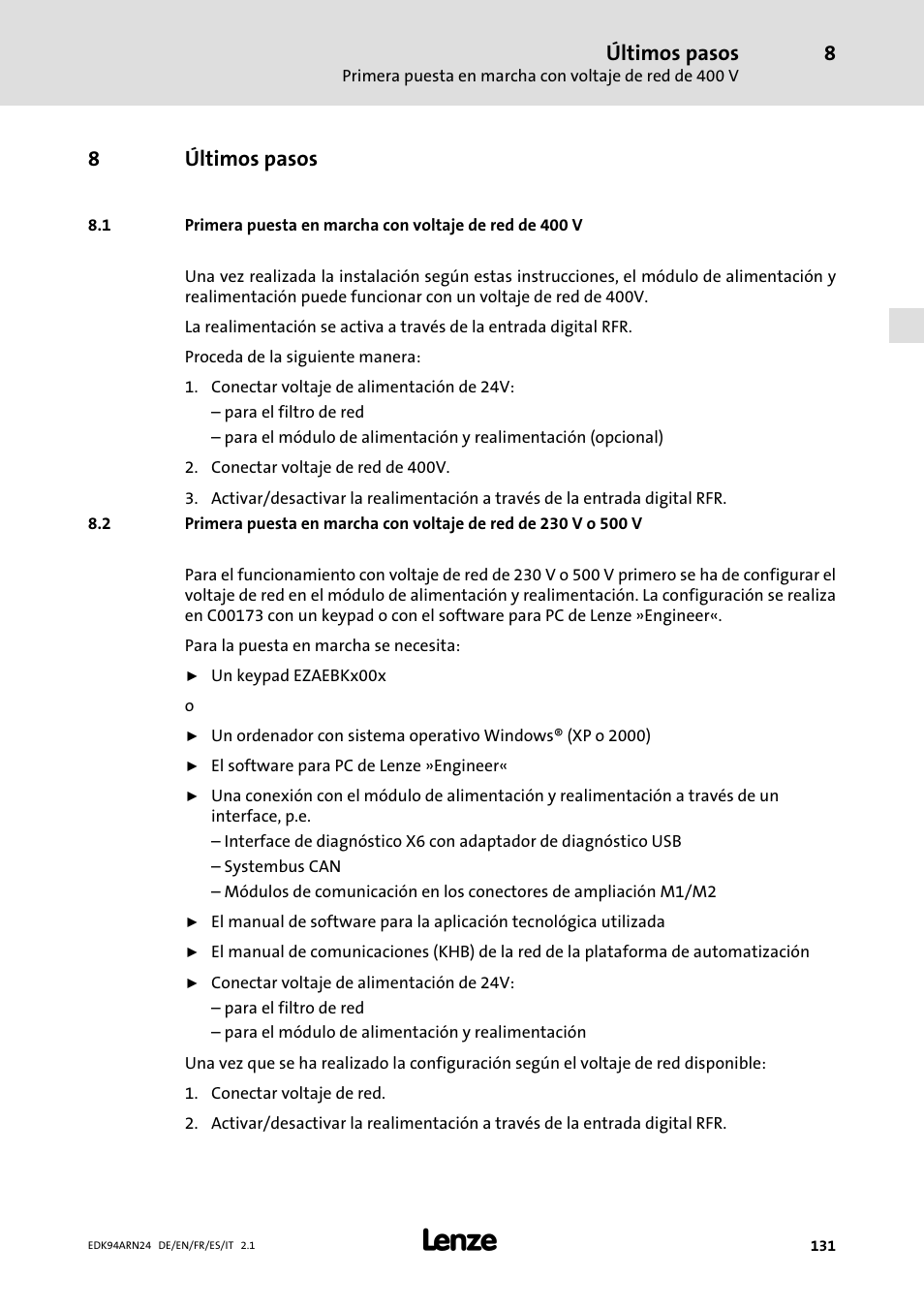 8 últimos pasos, Últimos pasos, 8últimos pasos | Lenze E94ARNE User Manual | Page 131 / 166