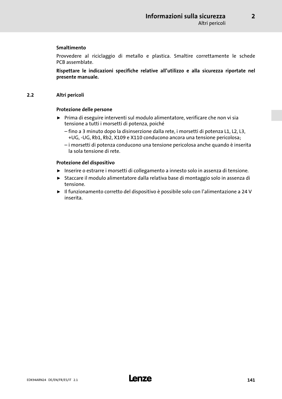 2 altri pericoli, Altri pericoli, Informazioni sulla sicurezza | Lenze E94ARNE User Manual | Page 141 / 166