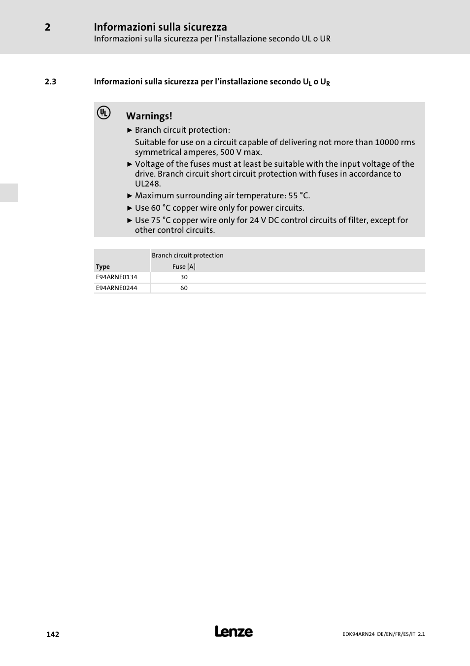Informazioni sulla sicurezza, Warnings | Lenze E94ARNE User Manual | Page 142 / 166