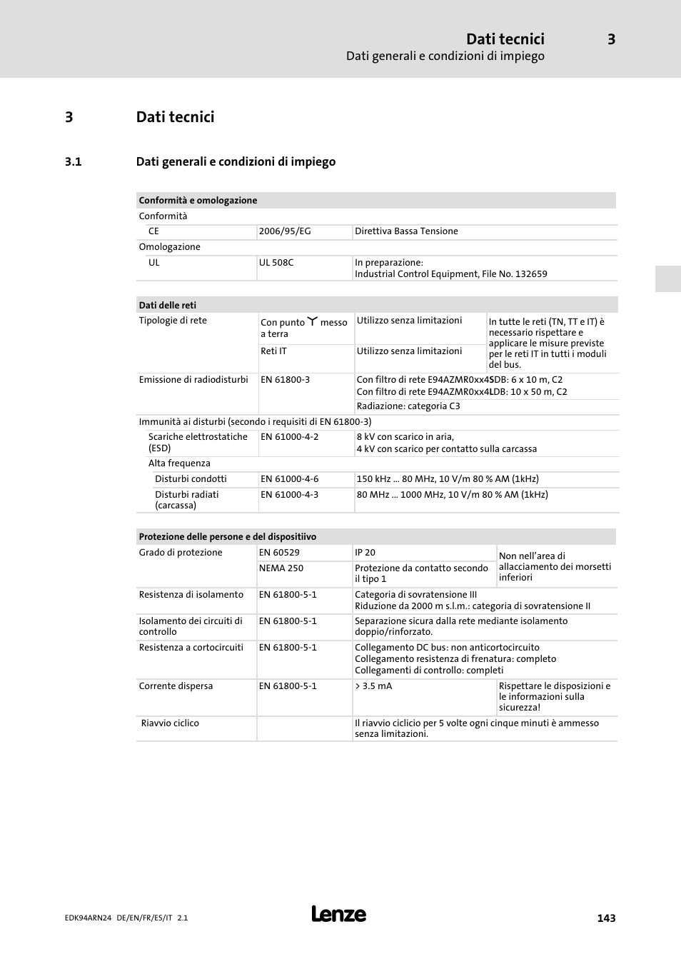 3 dati tecnici, 1 dati generali e condizioni di impiego, Dati tecnici | Dati generali e condizioni di impiego, 3dati tecnici | Lenze E94ARNE User Manual | Page 143 / 166