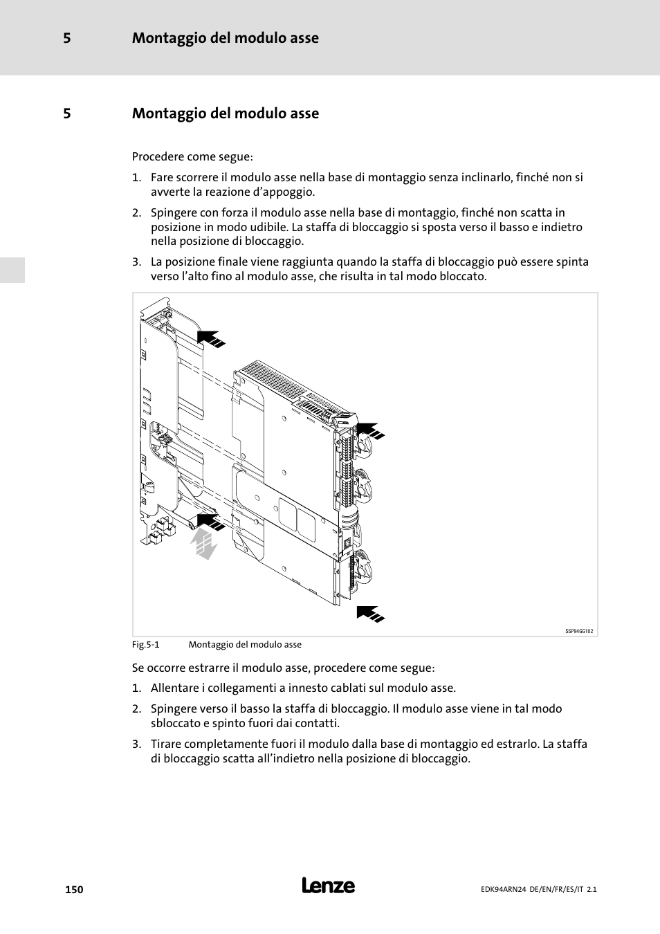 5 montaggio del modulo asse, Montaggio del modulo asse, Montaggio del modulo asse 5 | 5montaggio del modulo asse | Lenze E94ARNE User Manual | Page 150 / 166