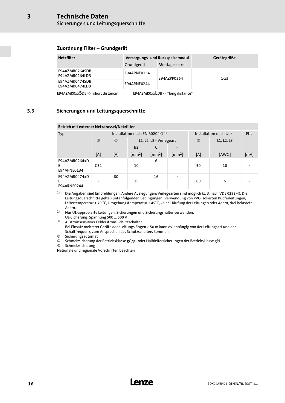 3 sicherungen und leitungsquerschnitte, Sicherungen und leitungsquerschnitte, Technische daten | Zuordnung filter ˘ grundgerät | Lenze E94ARNE User Manual | Page 16 / 166